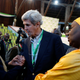 Former U.S. Secretary of State John Kerry and former South Africa President Thabo Mbeki, observers for the general election in Kenya, greet each other next to former Senegalese Prime Minister Aminata Toure in a tally centre in Nairobi, Kenya early August 9, 2017.